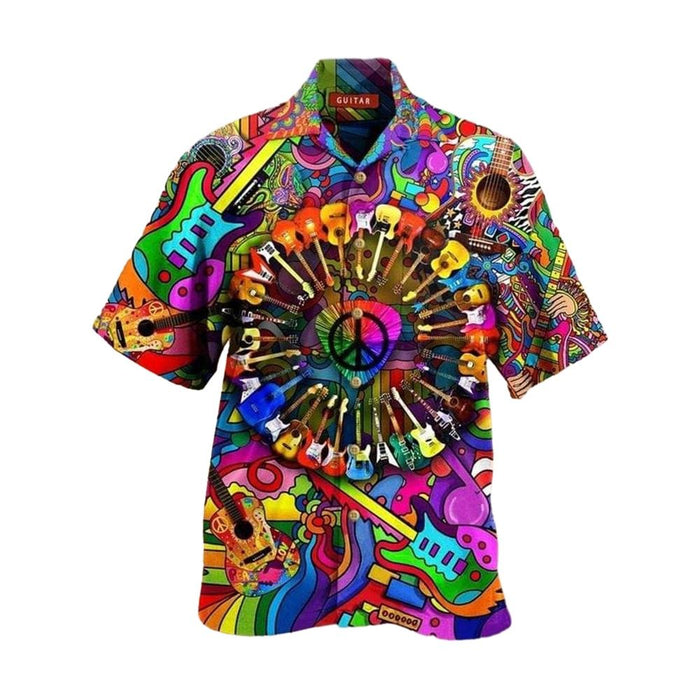 Hippie Guitar 3D All Over Printed Hawaiian Shirt, Hippie Hawaiian Button Up Shirt, Hippie Hawaii Beach Shirt, Costume Hippie