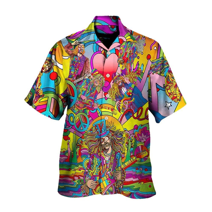 Hippie Music Guitar Psychedelic Musician Hawaiian Shirt, Hippie Hawaiian Button Up Shirt, Hippie Hawaii Beach Shirt, Costume Hippie
