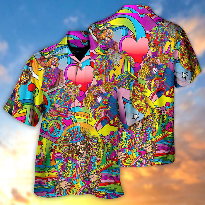 Hippie Music Guitar Psychedelic Musician Hawaiian Shirt, Hippie Hawaiian Button Up Shirt, Hippie Hawaii Beach Shirt, Costume Hippie