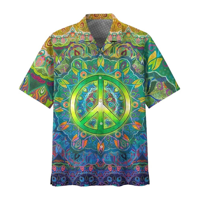 Hippie Shirt Hippie Peace Symbol Leaves Green Blue Hawaiian Aloha Shirt, Hippie Hawaiian Button Up Shirt, Hippie Hawaii Beach Shirt, Costume Hippie