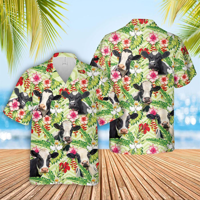Holstein Hibicus Floral 3D Hawaiian Shirt, Farm Hawaiian Shirt, Summer Beach Shirt, Animal Shirt