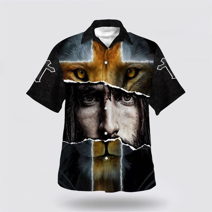 Jesus Lion Cross For Men Hawaiian Shirts, Christian Hawaiian Shirt, Christian Summer Short Sleeve Shirt