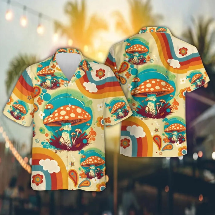 Mushroom Hawaiian Shirts, Mushroom Aloha Tropical Shirt, Hippie Hawaiian Button Up Shirt, Hippie Hawaii Beach Shirt, Costume Hippie