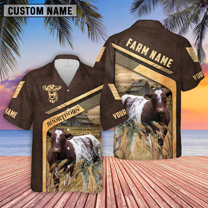 Shorthorn Brown Pattern Customized Name 3D Hawaiian Shirt, Farm Hawaiian Shirt, Farmer Gift, Summer Gift