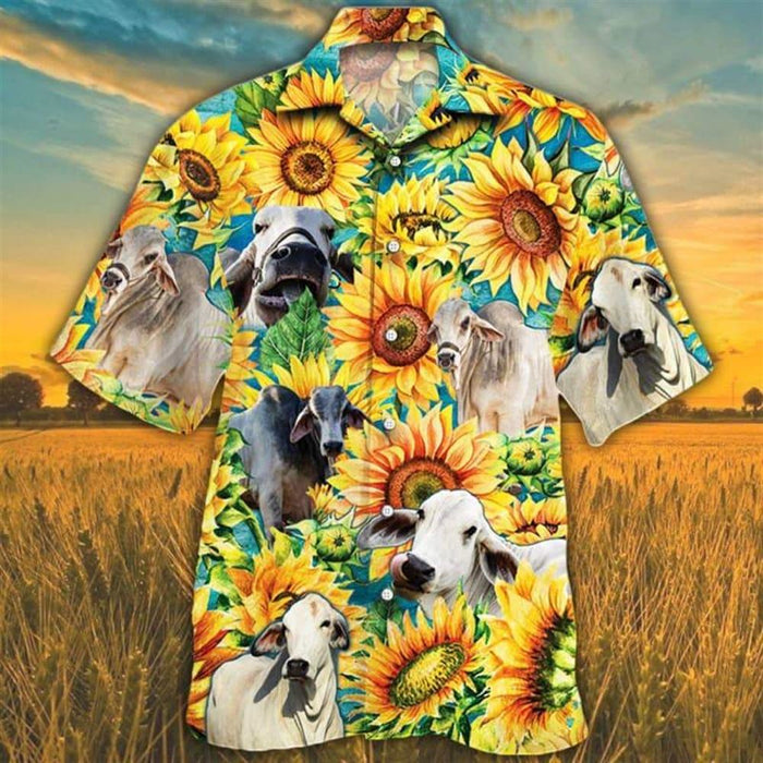 Sunflower Brahman Cattle All Printed 3D Hawaiian Shirt, Farm Hawaiian Shirt, Farm Summer Beach Shirt