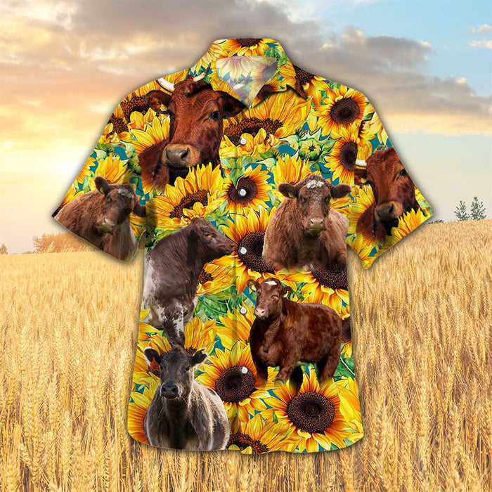 Sunflower Shorthorn Cattle All Printed 3D Hawaiian Shirt, Farm Hawaiian Shirt, Farm Summer Beach Shirt