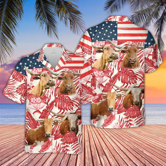 Texas Longhorn Red Floral Us Flag 3D Hawaiian Shirt, Farm Hawaiian Shirt, Farmer Gift, Summer Gift