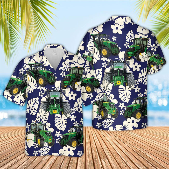 Tractor Flower Blue Pattern 3D Hawaiian Shirt, Farm Hawaiian Shirt, Summer Beach Shirt, Animal Shirt