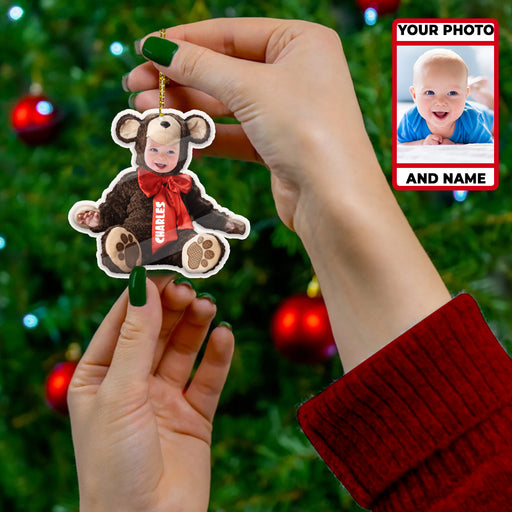 Custom Photo Baby And Name For Christmas Grandkids Ornament - Cute Baby Bear