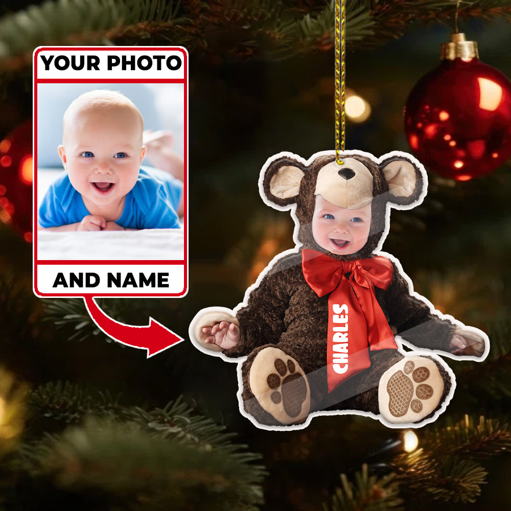 Custom Photo Baby And Name For Christmas Grandkids Ornament - Cute Baby Bear