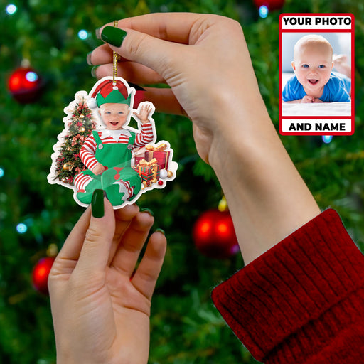 Custom Photo Baby And Name For Christmas Grandkids Ornament - Cute Baby Elf