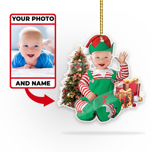 Custom Photo Baby And Name For Christmas Grandkids Ornament - Cute Baby Elf