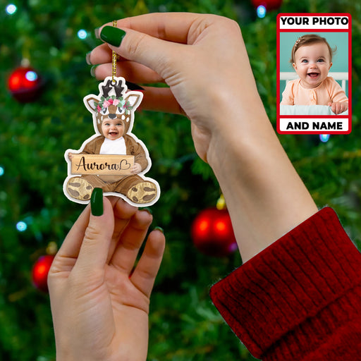 Custom Photo Baby And Name For Christmas Grandkids Ornament - Cute Baby Reindeer
