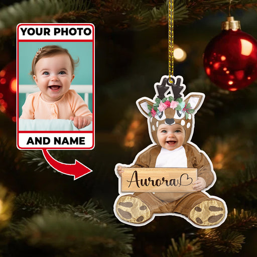 Custom Photo Baby And Name For Christmas Grandkids Ornament - Cute Baby Reindeer