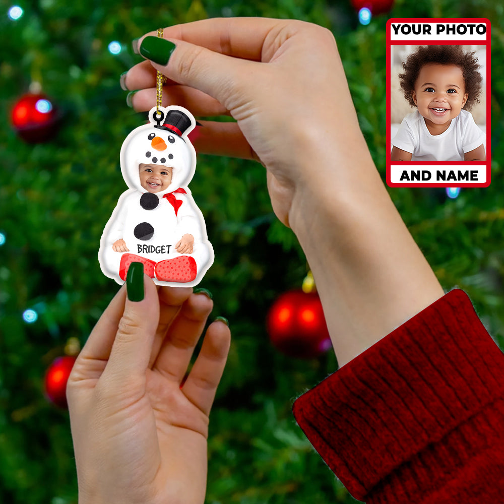 Custom Photo Baby And Name For Christmas Grandkids Ornament - Cute Baby Snow Man