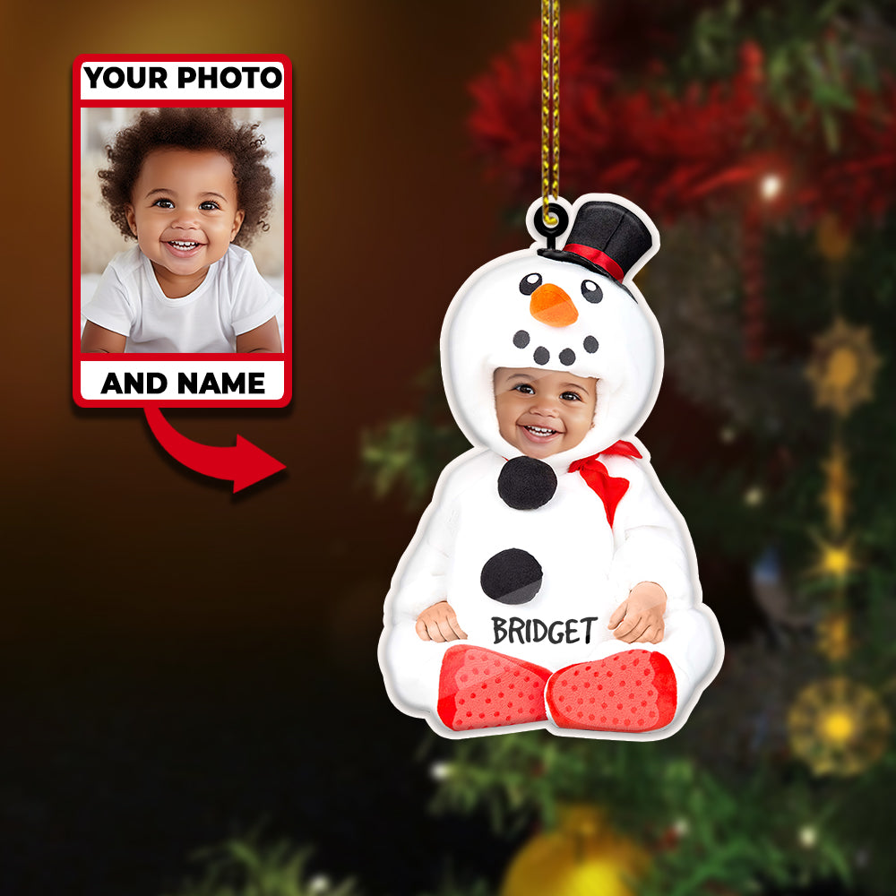 Custom Photo Baby And Name For Christmas Grandkids Ornament - Cute Baby Snow Man