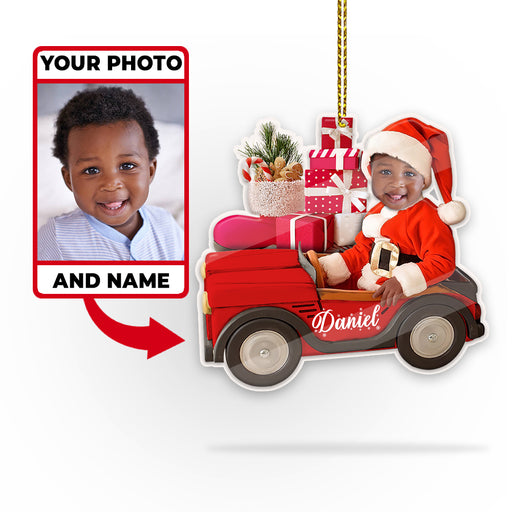Little Boy Rides A Toy Red Car Grandkids Ornament Custom Christmas Ornament