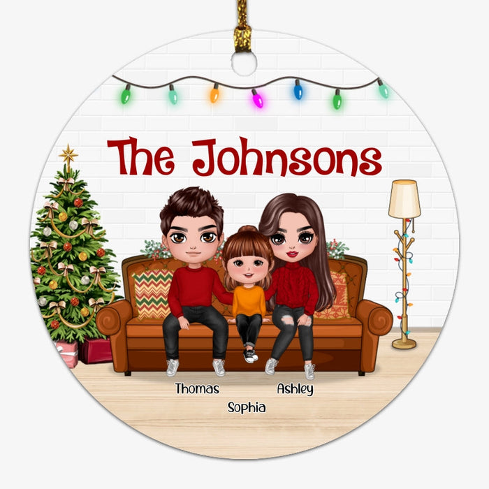 Christmas Doll Family On Sofa Personalized Circle Ornament
