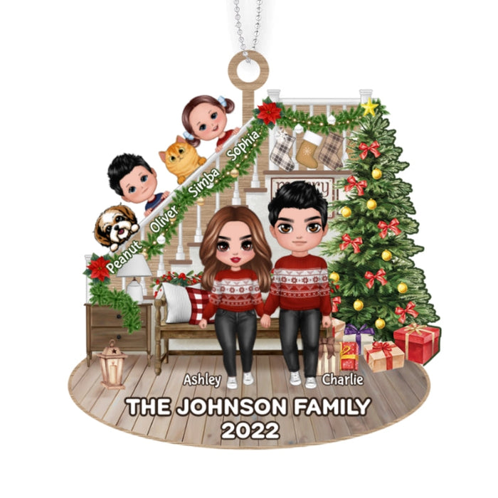 Doll Couple Standing And Kids Personalized Wooden Ornament