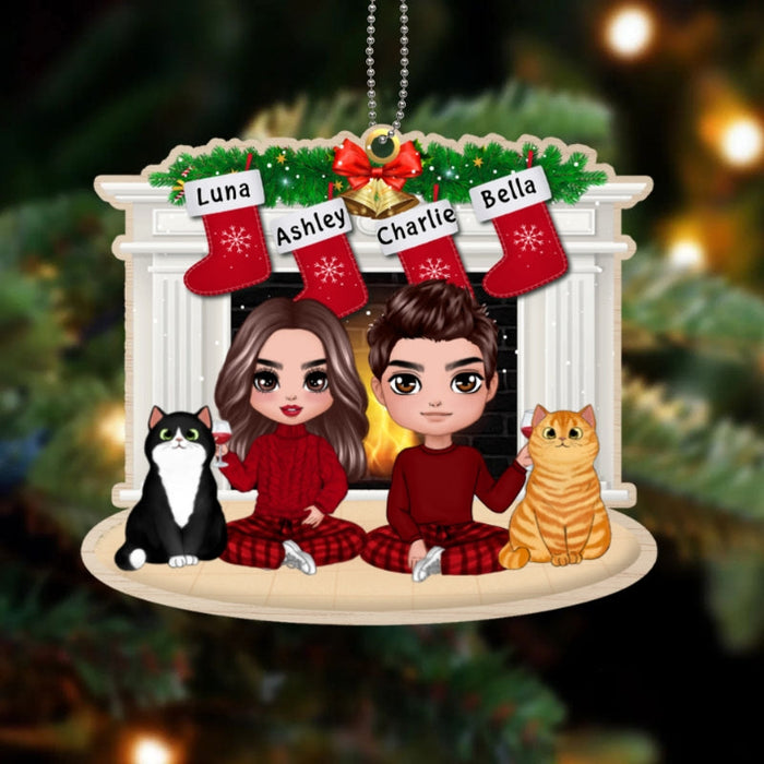 Doll Couple & Fluffy Cat At Fireplace Personalized Wooden Ornament