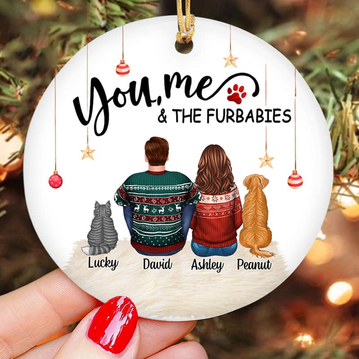 Couple & Dog Cat Back View Personalized Circle Ornament