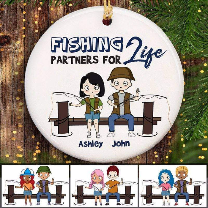 Fishing Partner For Life Chibi Couple Personalized Circle Ornament