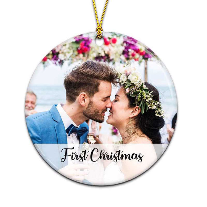 Photo Just Married First Christmas Family Gift Personalized Circle Ornament