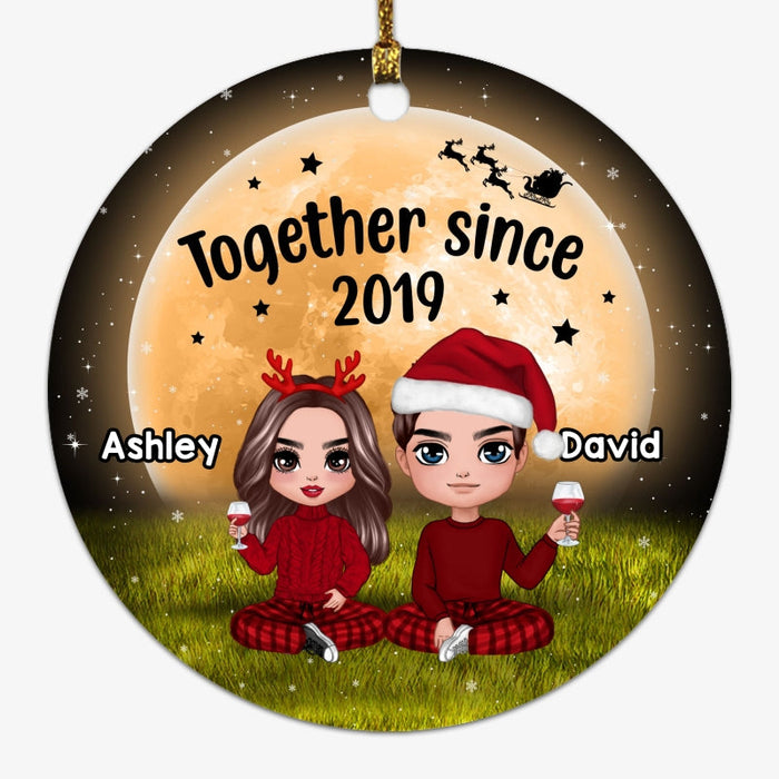 Doll Couple Sitting Under Yellow Moon Personalized Circle Ornament
