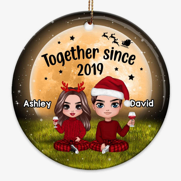 Doll Couple Sitting Under Yellow Moon Personalized Circle Ornament