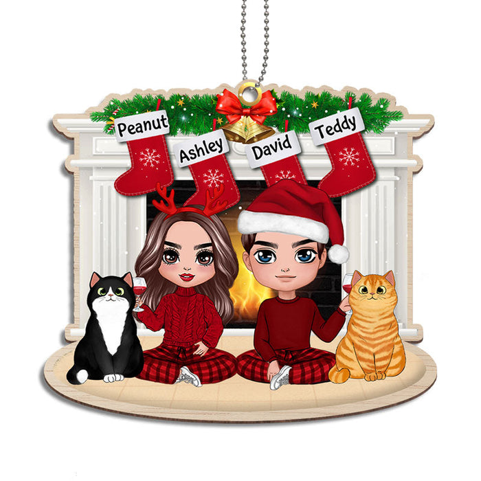 Doll Couple & Fluffy Cat At Fireplace Personalized Wooden Ornament