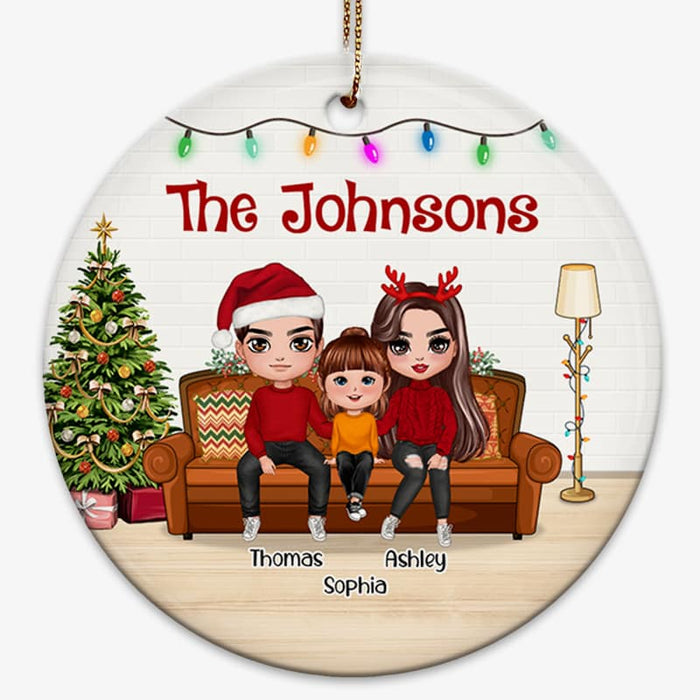 Christmas Doll Family On Sofa Personalized Circle Ornament