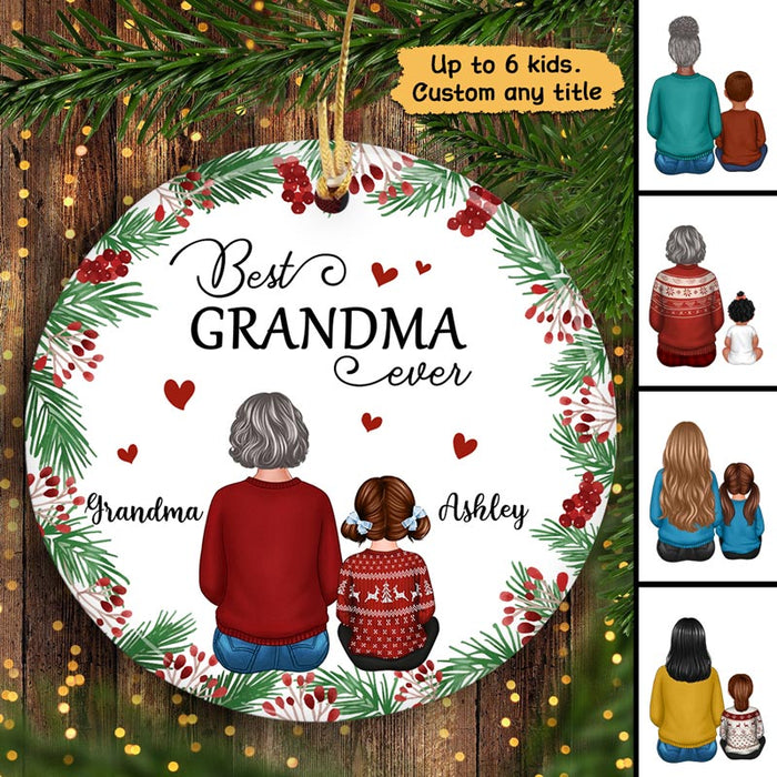 Holly Branch Grandma And Grandkids Christmas Personalized Circle Ornament