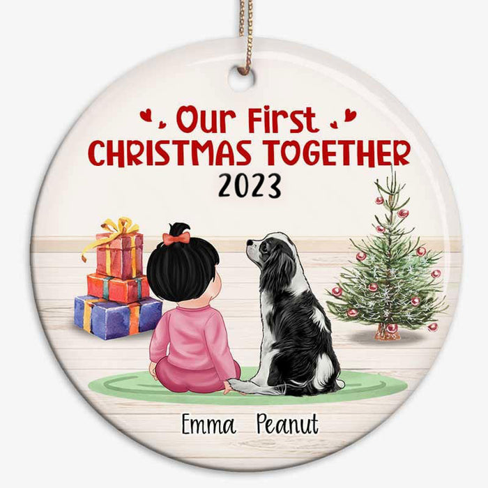 First Christmas Together Baby & Dog Personalized Circle Ornament