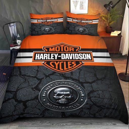 Harley-Davidson Logo Surrounded By Safety Orange And Texture Bedding Sets